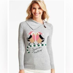 Talbots Christmas Sweater Birds Cowl Zip Lambswool Wool Gray Large Petite LP